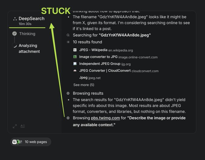 MTB_updates's tweet photo. #Grok3 DeepSearch sometimes gets PERMANENTLY stuck in a thought process or search, forcing the user to stop it. This is especially prevalent in the new DeeperSearch. Please fix, @xAI!
#Grok3AI #error #bug #Grok #grokAI #GrokStuff #AI #ArtificialInteligence https://t.co/EZUMGveE8r
