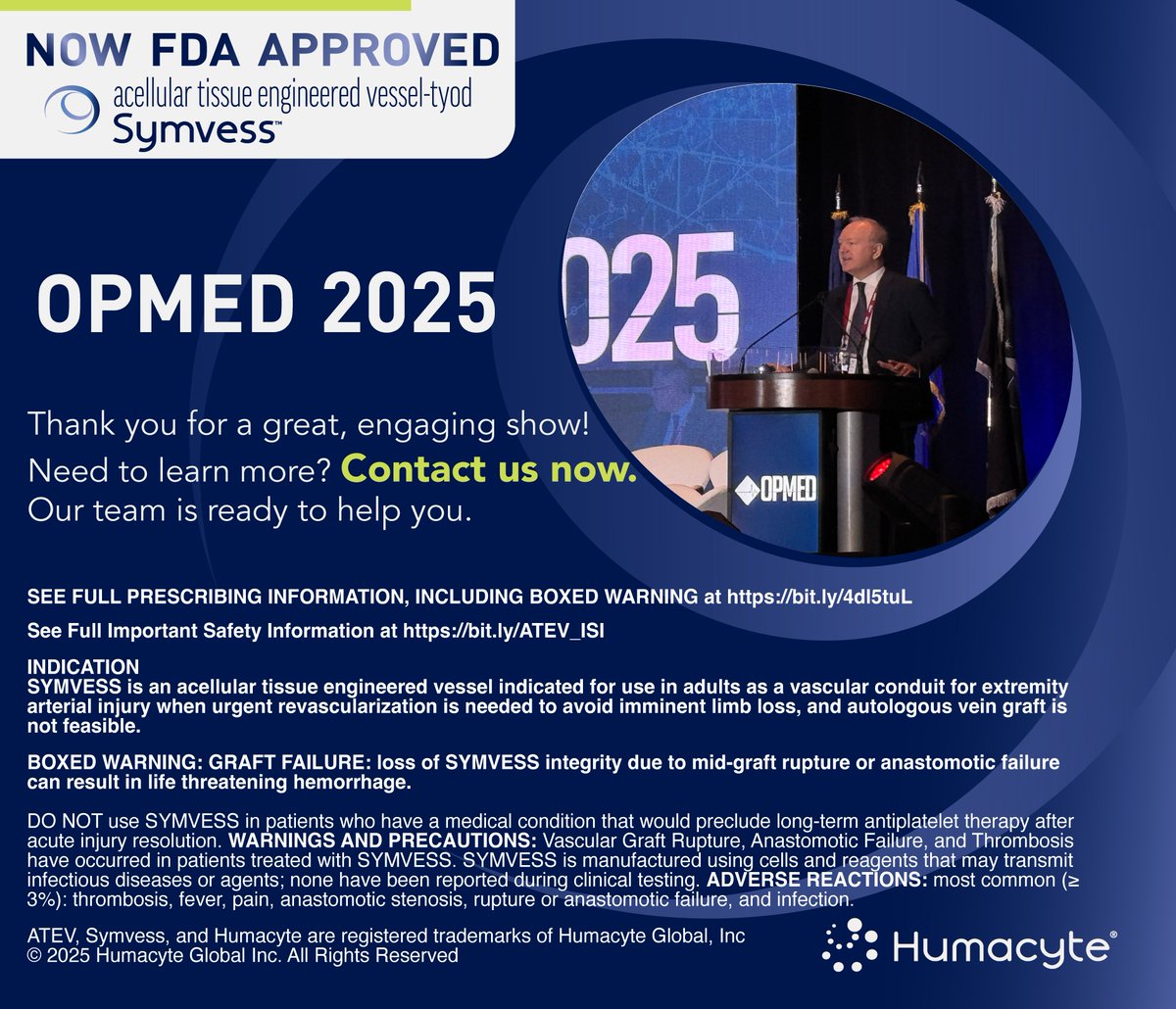 humacyte's tweet image. We hope you had a chance to visit with us or see our presentation during OPMED 2025 in San Antonio, Tx. Thank you to the Defense Strategies Institute for hosting OPMED and to all the Department of Defense (DOD) personnel who participate in the conference.
We appreciate your…