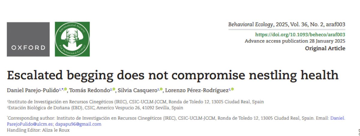 Daniel Parejo Pulido (@danielparejo8) on Twitter photo ➡️ Paper out!!
A few weeks late... but here is the 3rd chapter of my thesis
Is there any physiological trade-off that ensures the honesty of begging signals?
Check it here 👇
doi.org/10.1093/beheco…
<a href="/BehavEcol_Lab/">Behavioural Ecology & Endocrinology Lab</a>
<a href="/perezrodriguezl/">Lorenzo Pérez-Rodríguez</a>
<a href="/silvia_vlinder/">Silvia</a>
<a href="/IREC_CSIC_UCLM/">IREC (CSIC, UCLM, JCCM)</a>
<a href="/ebdonana/">Estación Biológica de Doñana - CSIC</a> ➡️ Paper out!!
A few weeks late... but here is the 3rd chapter of my thesis
Is there any physiological trade-off that ensures the honesty of begging signals?
Check it here 👇
doi.org/10.1093/beheco…
<a href="/BehavEcol_Lab/">Behavioural Ecology & Endocrinology Lab</a>
<a href="/perezrodriguezl/">Lorenzo Pérez-Rodríguez</a>
<a href="/silvia_vlinder/">Silvia</a>
<a href="/IREC_CSIC_UCLM/">IREC (CSIC, UCLM, JCCM)</a>
<a href="/ebdonana/">Estación Biológica de Doñana - CSIC</a>