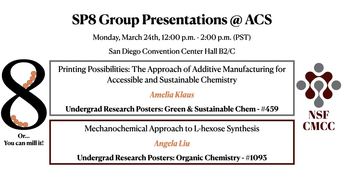 Prof. SP8 (@ir_sp8) on Twitter photo Attending #ACSSpring? Curious about what our group is up to? Why not come talk with our amazing group members. Amelia and Angela (student researchers with the <a href="/NSF_CMCC/">NSF Center for the Mechanical Control of Chemistry</a>) are presenting their findings in the poster session Monday! Attending #ACSSpring? Curious about what our group is up to? Why not come talk with our amazing group members. Amelia and Angela (student researchers with the <a href="/NSF_CMCC/">NSF Center for the Mechanical Control of Chemistry</a>) are presenting their findings in the poster session Monday!