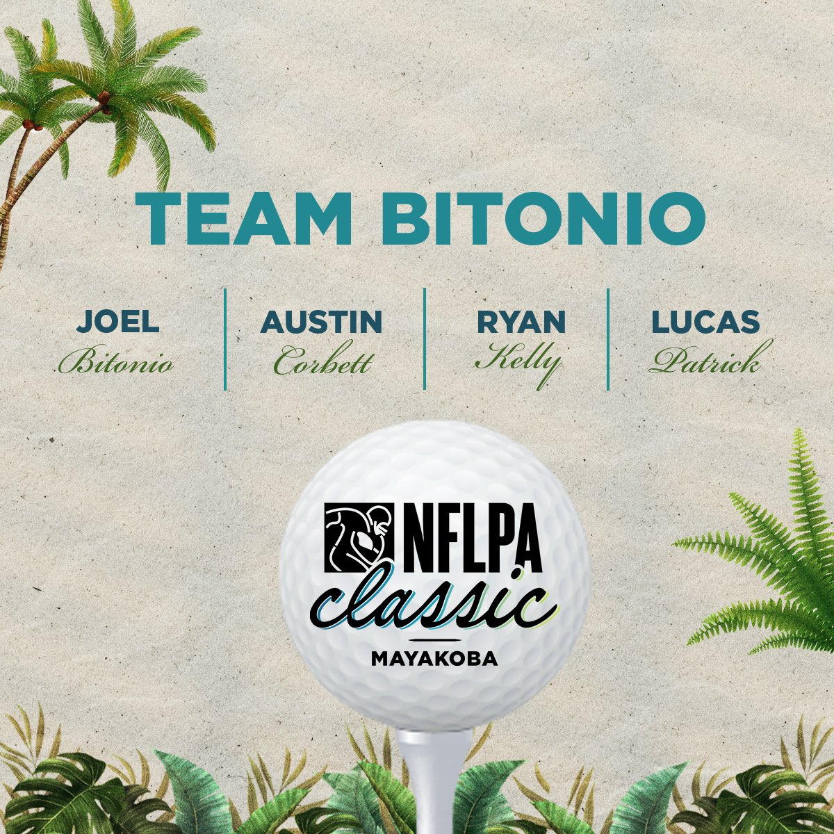 NFLPA (@nflpa) on Twitter photo Introducing the captains of the course! ⛳
#NFLPAClassic
TEAM BITONIO
🏌️♂️ <a href="/JoelBitonio/">Joel Bitonio</a>
🏌️♂️ <a href="/BigCorbs73/">Austin Corbett</a>
🏌️♂️ <a href="/ryan_kelly70/">Ryan Kelly</a>
🏌️♂️ <a href="/lucaspatrick62/">Lucas Patrick</a> Introducing the captains of the course! ⛳
#NFLPAClassic
TEAM BITONIO
🏌️♂️ <a href="/JoelBitonio/">Joel Bitonio</a>
🏌️♂️ <a href="/BigCorbs73/">Austin Corbett</a>
🏌️♂️ <a href="/ryan_kelly70/">Ryan Kelly</a>
🏌️♂️ <a href="/lucaspatrick62/">Lucas Patrick</a>