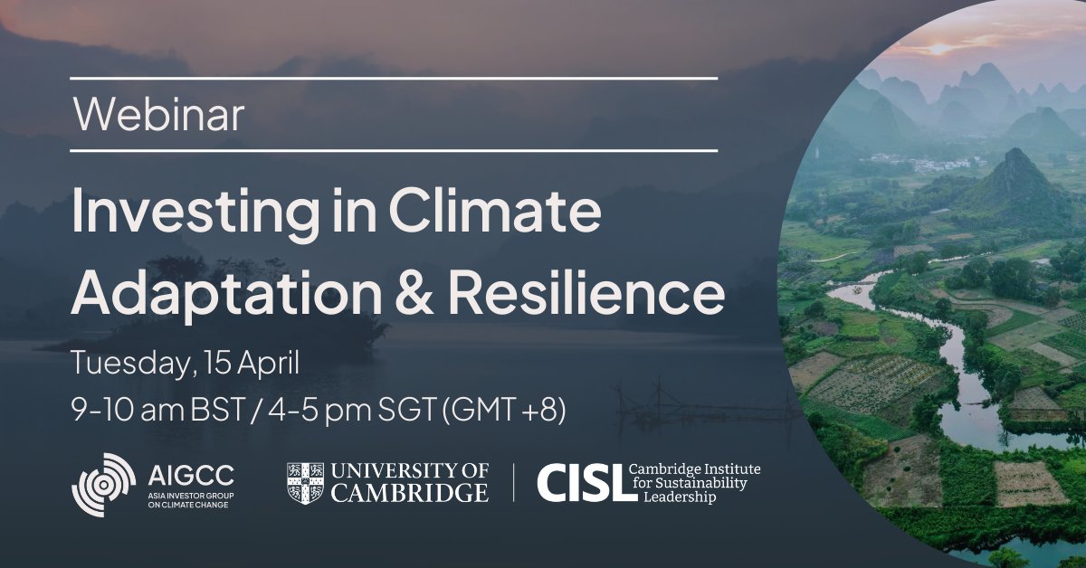 Save the Date! ⏰

We're pleased to partner with Asia Investor Group on Climate Change (AIGCC) to host a webinar on Investing in Climate Adaptation 🗺️

📅 Tuesday, 15 April, 9-10 am BST/4-5 pm SGT (GMT+8)
👉Register now: lnkd.in/dnspZPqJ