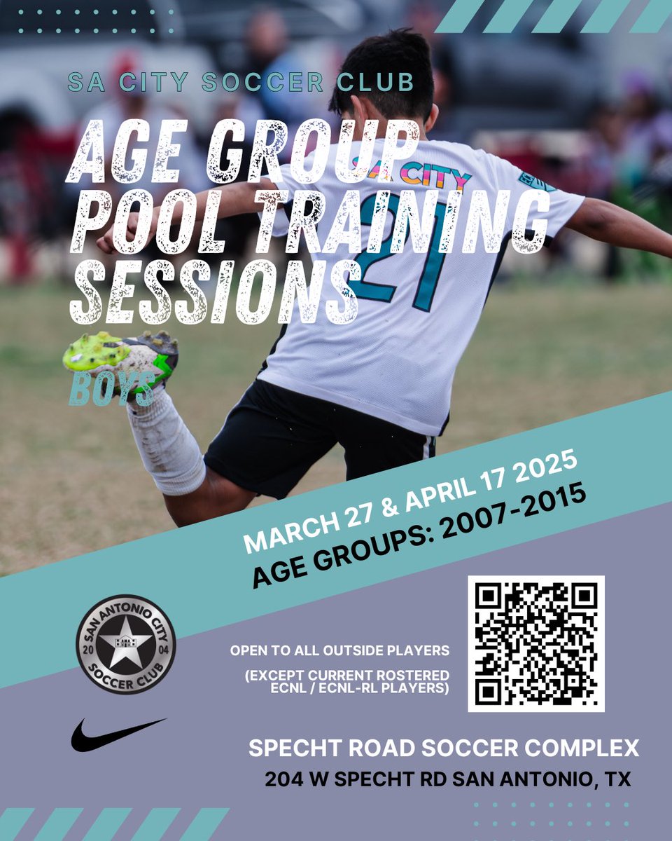 sacitysc's tweet photo. โฝ SA CITY BOYS POOL TRAINING โฝ
Level up your game with top-tier coaching! ๐ฅ
๐
March 27 & April 17, 2025โจ๐ Specht Road Soccer Complexโจ๐ฆ Boys | 2007-2015
โ
Open to outside players (except ECNL/ECNL-RL)
Scan the QR code to register! ๐ฒ๐ฅ #SACityProud #EliteDevelopment https://t.co/00JIay0BcJ