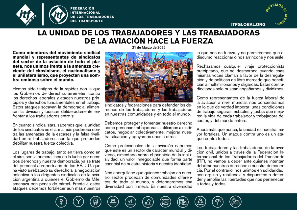 ITF_Americas's tweet photo. 🇪🇸 Trabajadoras y trabajadores de la aviación civil de la ITF se unen por la lucha de sus derechos y la democracia. 

🇧🇷 Trabalhadoras e trabalhadores da aviação civil da ITF unidos pela luta pelos direitos e a democracia.

#SomosITF #MovemosOMundo #MovemosElMundo https://t.co/xG1N2r77Lg