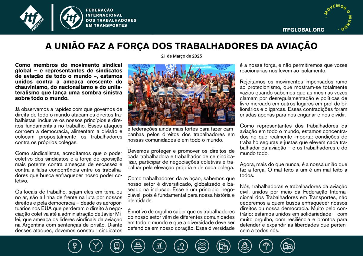 ITF_Americas's tweet photo. 🇪🇸 Trabajadoras y trabajadores de la aviación civil de la ITF se unen por la lucha de sus derechos y la democracia. 

🇧🇷 Trabalhadoras e trabalhadores da aviação civil da ITF unidos pela luta pelos direitos e a democracia.

#SomosITF #MovemosOMundo #MovemosElMundo https://t.co/xG1N2r77Lg