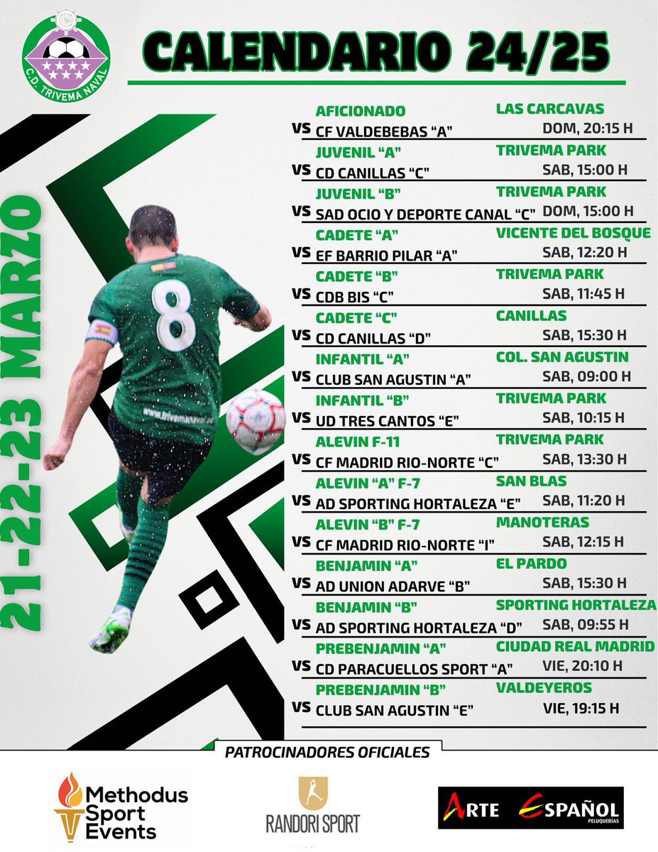 AGENDA |
⚽ Si el tiempo lo permite 🤞, los equipos de #CDTrivemaNaval 🍀 afrontan una nueva jornada de liga #RFFM con estos horarios ⤵️