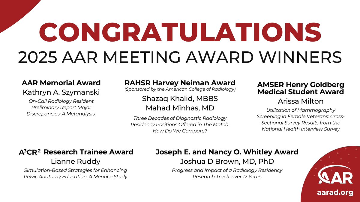 🌟 Congratulations to the 2025 AAR Meeting award winners!
#AARad #AAR25 #awards #radiology #RadEd #MedEd #research