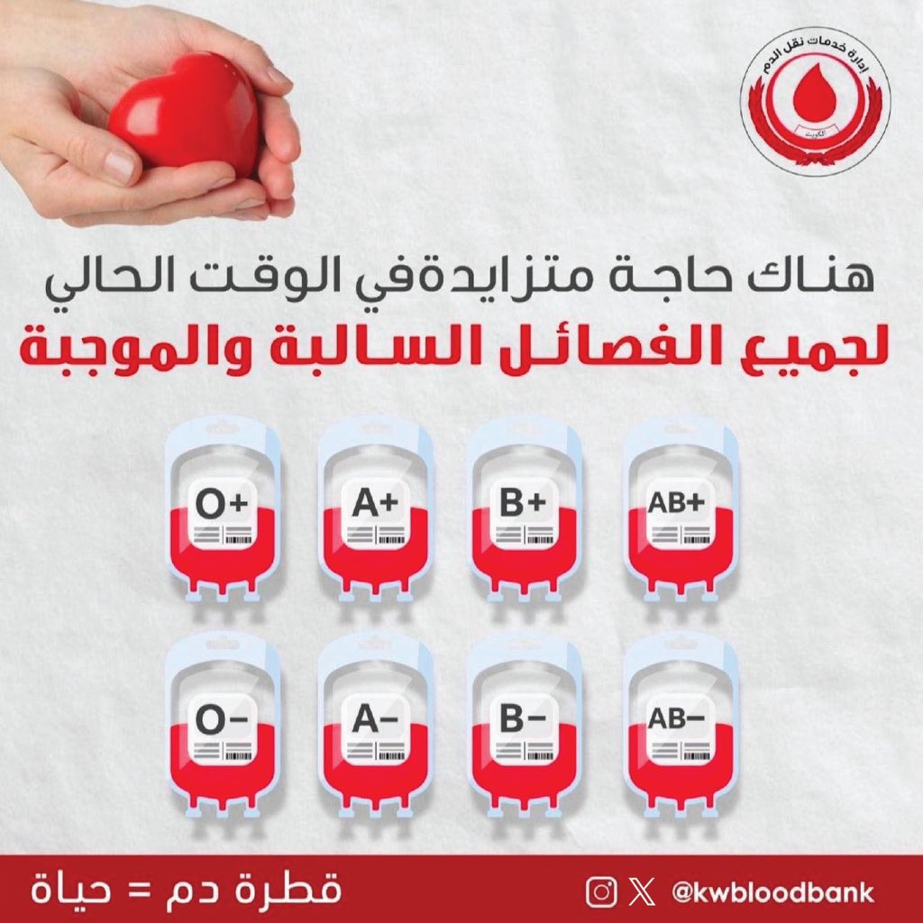 KwBloodBank's tweet photo. مازالت الحاجة متزايدة لكل فصائل الدم، نستقبلكم اليوم #الجمعه في الفترة المسائية من الساعة ٨ مساءً إلى الساعة ١٢.٣٠ صباحاً.
تبرعك بالدم قد ينقذ حياة أنسان.
#العشر_الاواخر 
#تبرع_بالدم
#الكويت https://t.co/ntsZLjUnkV