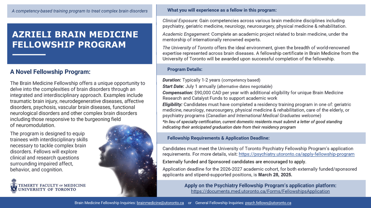 BrainMedicine_'s tweet image. 🚨 Deadline Alert! 🚨
The Azrieli Brain Medicine Fellowship 2026 cohort deadline: March 28, 2025
🧠Clinical training in psychiatry, neurology & more
💰$90K CAD stipend
🔬Research with leading experts
🎓UofT Fellowship Certificate
⏳ Apply NOW! ➡ documents.med.utoronto.ca/Forms/Fellowsh…