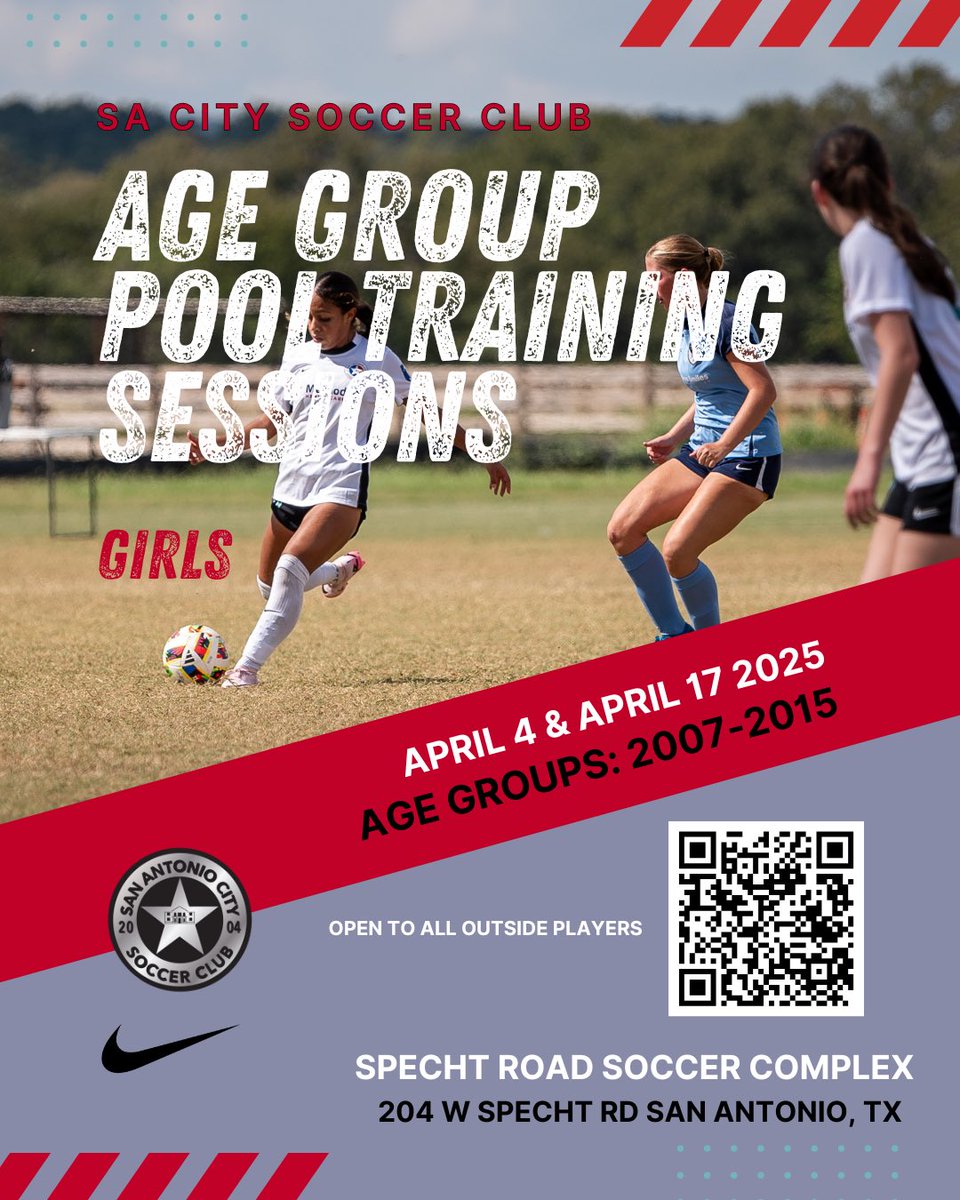 sacitysc's tweet photo. 🔥 SA CITY GIRLS POOL TRAINING 🔥
Train, compete, and elevate your game! ⚽💪
📅 April 4 &amp; April 17, 2025 📍 Specht Road Soccer Complex 👧 Girls | 2007-2015
✅ Open to outside players
Scan the QR code to sign up! 📲🚀 #SACity #GirlsSoccer #TrainLikeAPro https://t.co/jDab6oSOu2
