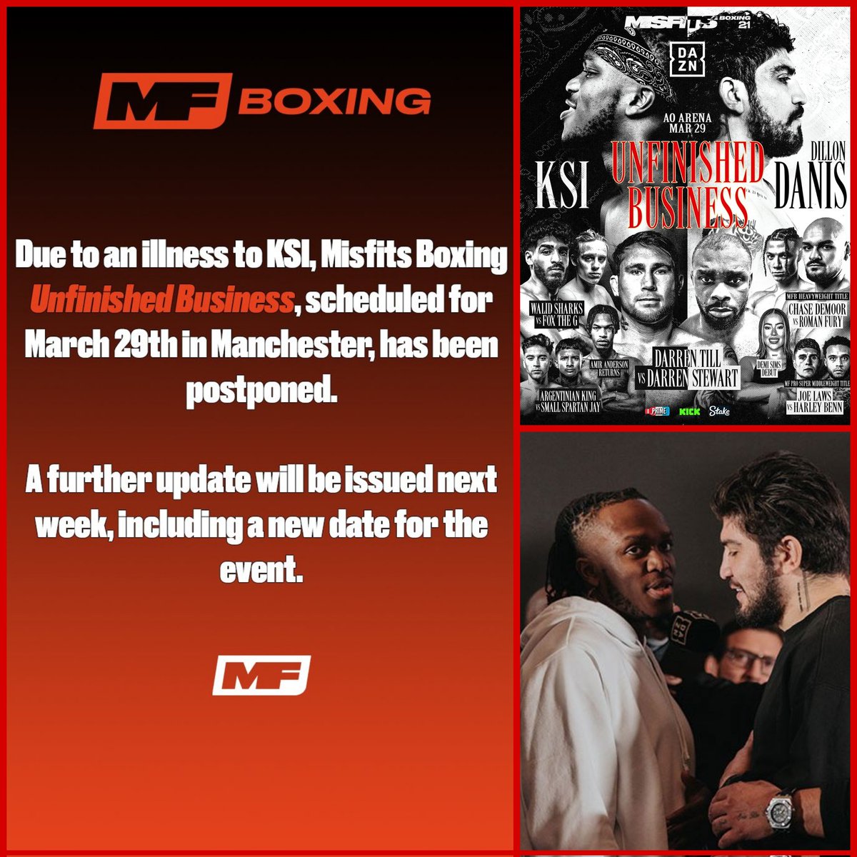 Business stays unfinished ❌

KSI vs Dillon Danis is postponed

#KSIDanis