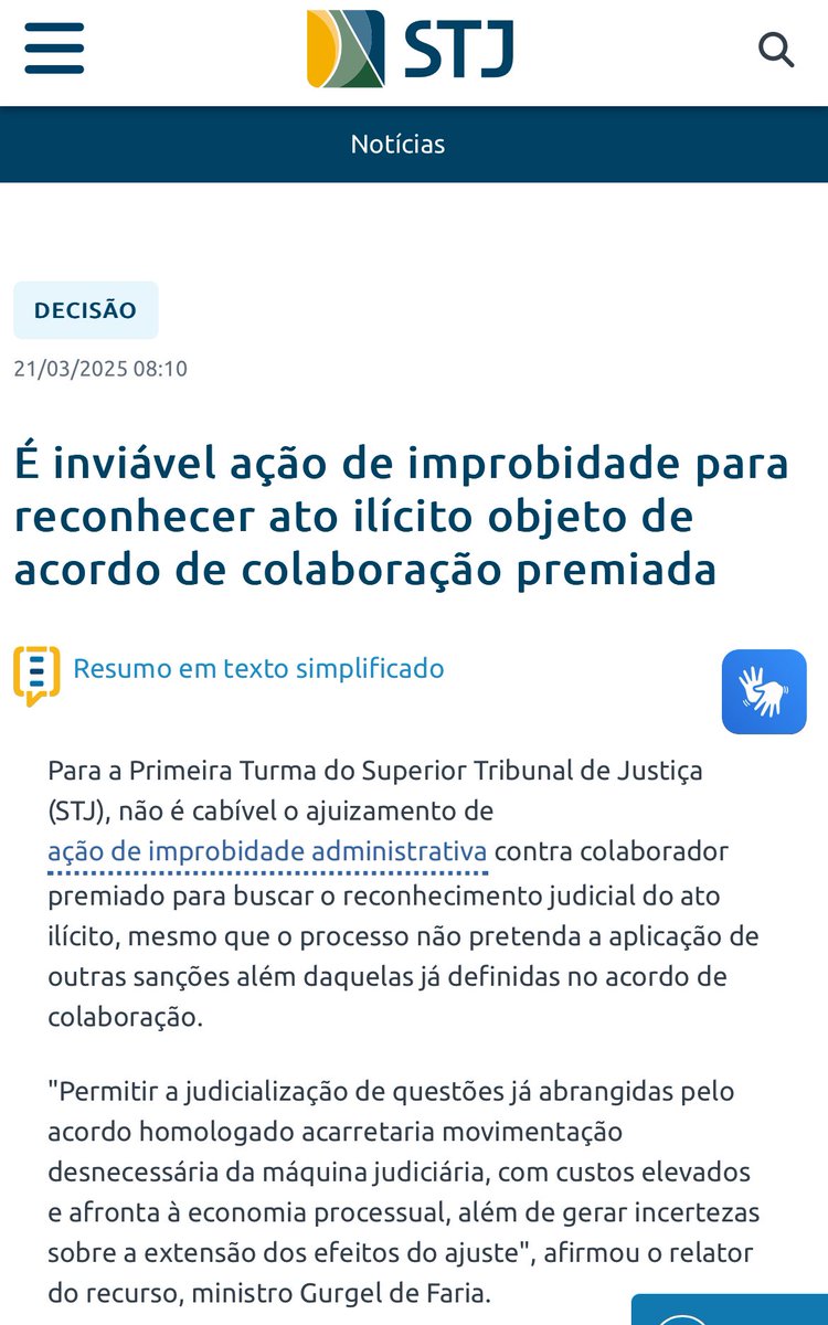 jorgamsoares's tweet photo. Para o STJ, não é cabível o ajuizamento de ação de improbidade administrativa contra colaborador premiado, objetivando o reconhecimento judicial do ato ilícito, ainda que não se pretenda a aplicação de outras sanções além daquelas já definidas no acordo de colaboração. https://t.co/nLs7R9kQiJ