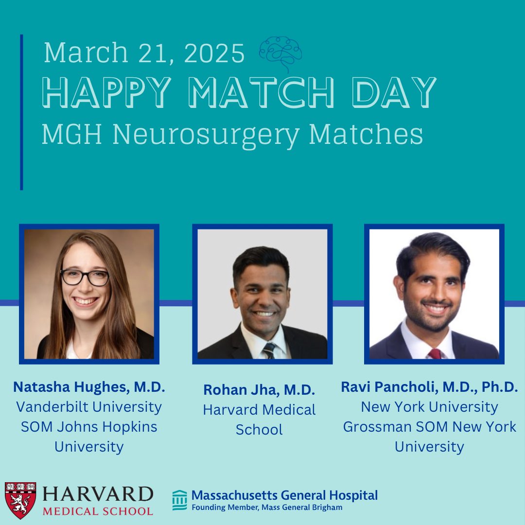 MGH Neurosurgery is excited to announce Natasha Hughes, M.D., Rohan Jha, M.D., and Ravi Pancholi, M.D., Ph.D., as MGH Neurosurgery's 2025 Match Results. Welcome to our residency program! #Match2025 #MGB #Neurosurgery #Residency