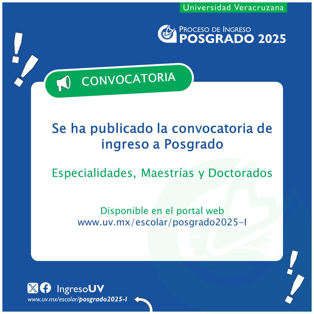 UVeracruzanaMx's tweet photo. #AspirantesPosgradosUV2025
¿Te gustaría continuar tu preparación académica? 📚
¡Estudia una especialidad, maestría o doctorado en la Universidad Veracruzana!

🖥Detalles: https://t.co/b1FbKj6dwf 
📅Fecha límite para realizar tu registro: 31 de marzo de 2025
#IngresoUV2025 https://t.co/PGYMWfPQ5j