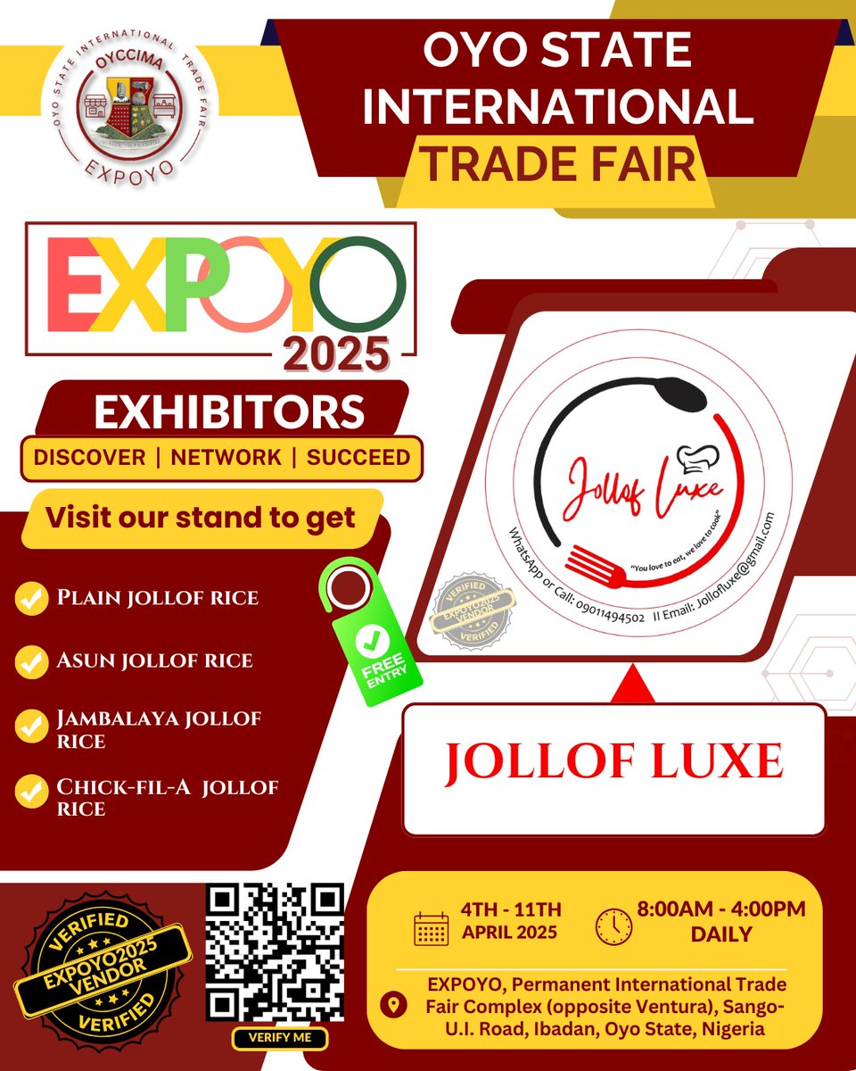 oyotradefair's tweet photo. Meet one of our Exhibitors JOLLOF LUXE at the forthcoming Oyo State International Trade Fair 2025 (EXPOYO2025). 

Date: 4th - 11th April 2025.
Register via https://t.co/iJedNa4J9s

#expoyo2025 #oyotradefair #expoyo https://t.co/bbAqRMLslU