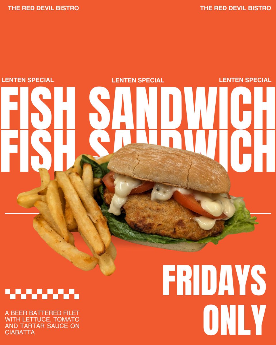 Lenten Special!

Make your Fridays delicious with our crispy, golden Fish Sandwich at The Red Devil Bistro!

Available every Friday during Lent
​​​​​​​Just $7.50

Order online using this link: The Red Devil Bistro Inside the CLWCC

clwcc.org/post-detail/~b…