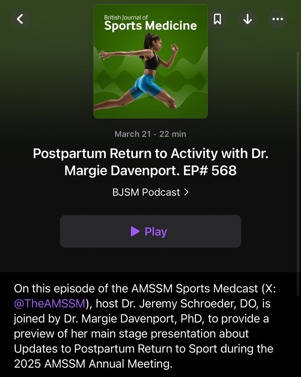 Newest Sports Medcast release on Postpartum Return to Activity as a preview leading up to this year’s <a href="/TheAMSSM/">AMSSM</a> Annual Meeting! Also picked up on the <a href="/BJSM_BMJ/">British Journal of Sports Medicine (BJSM)</a> podcast! Easy listen on 1.5x or higher! #sportsmedicine