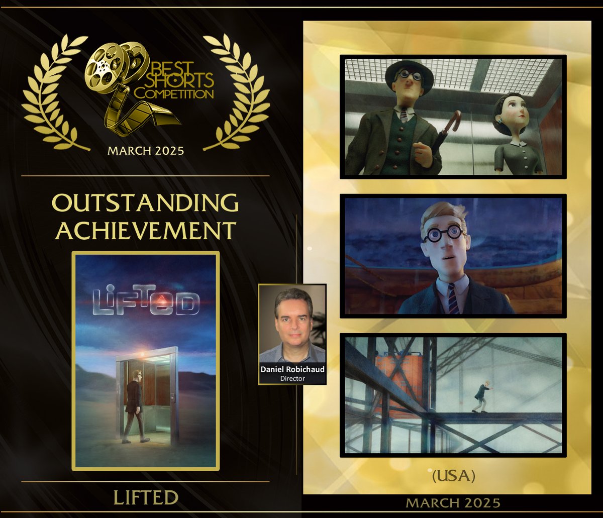 Congrats to OUTSTANDING ACHIEVEMENT winner Daniel Robichaud for his brilliant animation Lifted. A man’s routine elevator ride takes a surreal turn, through fantastical realms that reshape his perspective on life. A tale of courage &amp; transformation. BestShorts.net
