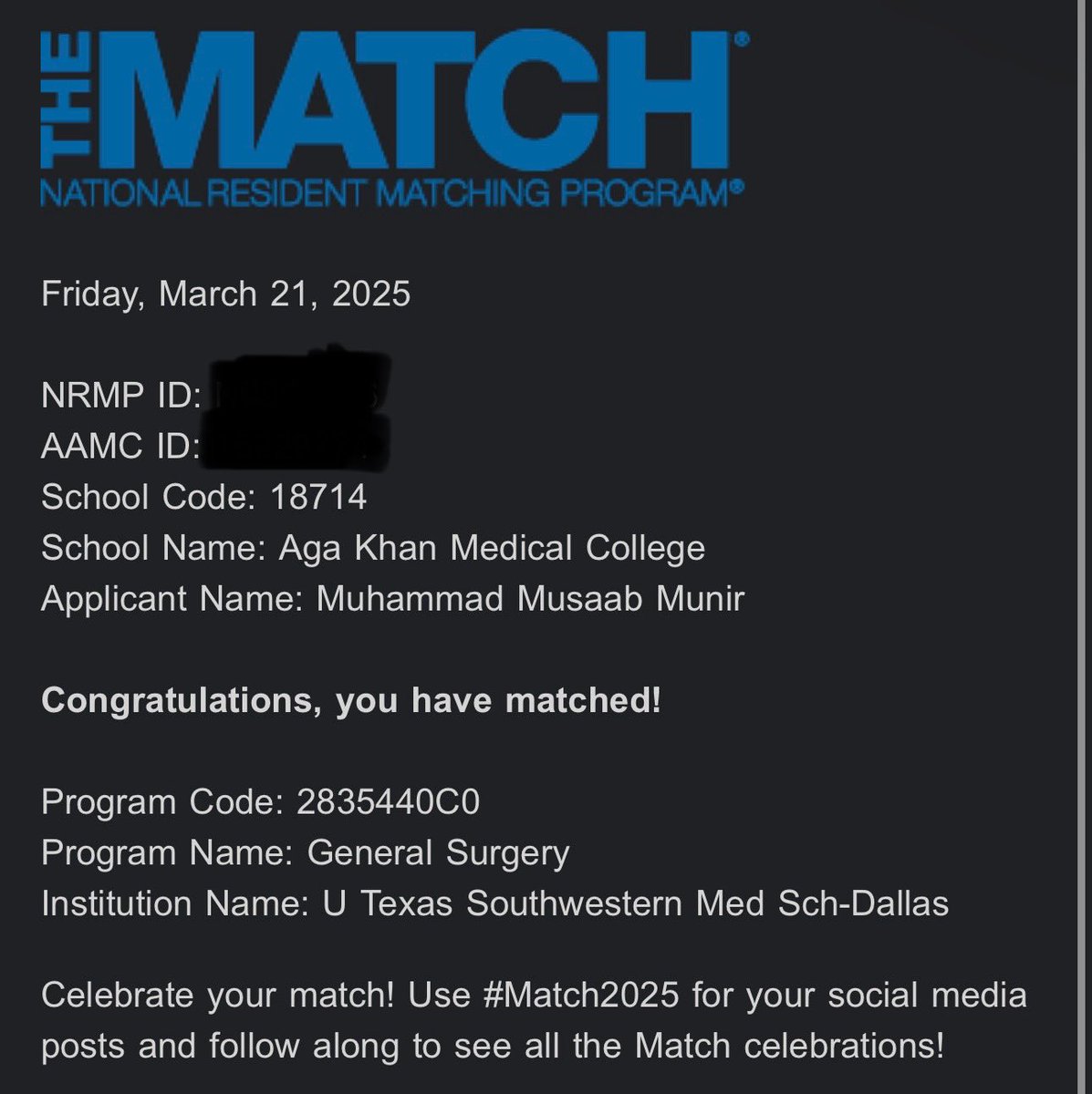 Staying at UTSW!

Alhamdulillah! Huge thanks to my family, friends, mentors, and everyone who’s had my back—couldn’t have done it without you all. Let’s do this! 🙏

I’m going to be a surgeon! 

 #Grateful #Surgery #Match2025