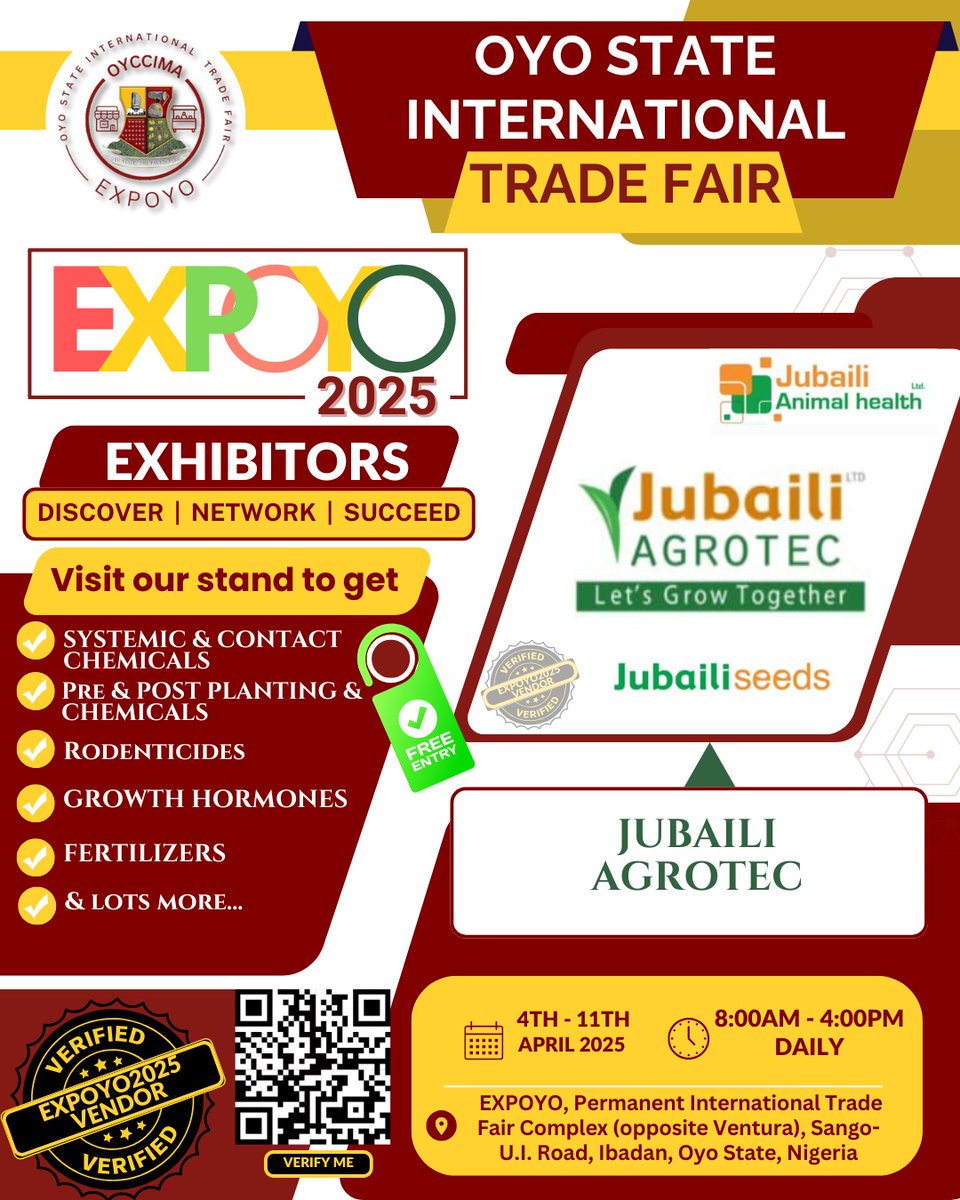 oyotradefair's tweet photo. Meet one of our Exhibitors JUBAILI AGROTEC at the forthcoming Oyo State International Trade Fair 2025 (EXPOYO2025). 

Date: 4th - 11th April 2025.
Register via https://t.co/iJedNa4J9s

#expoyo2025 #oyotradefair #expoyo https://t.co/6ZeuZGtG4y