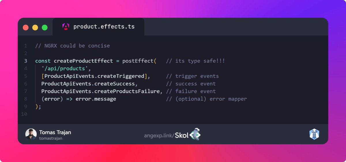 tomastrajan's tweet photo. #Angular state management with #NgRx COULD be more concise, with some new helpers

I was playing around a bit while working on new version of my Angular State Management Workshop and came up with a following little helper

✅ no boilerplate
✅ type safe 
⚠️ usecase specific https://t.co/1rMhBwEDvD