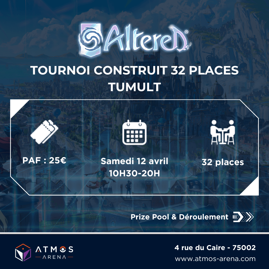 Atmos_Arena's tweet image. Tournoi Altered : Tumult - 12 avril 2025 - 32 places !

⚔️ Construit
🎮 Rondes suisses : 6 BO1
🏆 Top 8 élimin. directe (BO3)
🎁 Top 1 : 1 display set 2 + 1 tapis Tumult Champ + 1 Pack Aventure foil
💰 PAF : 25 € 
📍 Paris 2e | Inscription 👉 atmos-arena.com/event/tournoi-…
#AlteredTCG
