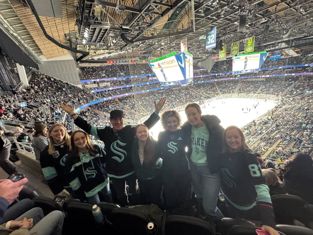 Fearey hits the ice! Our team took a break from the office to cheer on the <a href="/SeattleKraken/">Seattle Kraken</a> and enjoy a night of teamwork off the clock. Fun fact: we helped launch the Kraken in 2018. 🦑💙 Who else is catching a game this season? bit.ly/3Fmos8Y