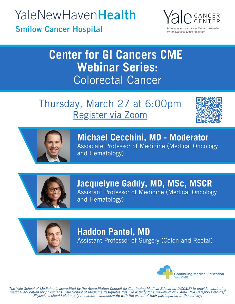 Yale Cancer Center (@yalecancer) on Twitter photo Reminder: Join us on Thursday at 6pm as <a href="/Cecchini_OncMD/">Michael Cecchini</a> moderates the next webinar in our <a href="/YaleGICancers/">Center for Gastrointestinal Cancers</a> CME series on #colorectalcancer with <a href="/JacquelyneGMD/">Jacquelyne Gaddy, MD</a> and <a href="/haddonjpantel/">Haddon Pantel</a>.
➡️RSVP: bit.ly/4jRXby5
<a href="/SmilowCancer/">Smilow Cancer Hospital</a> <a href="/YaleMed/">Yale School of Medicine</a> <a href="/YNHH/">Yale New Haven Hosp</a> <a href="/YaleSurgery/">Yale Surgery</a> Reminder: Join us on Thursday at 6pm as <a href="/Cecchini_OncMD/">Michael Cecchini</a> moderates the next webinar in our <a href="/YaleGICancers/">Center for Gastrointestinal Cancers</a> CME series on #colorectalcancer with <a href="/JacquelyneGMD/">Jacquelyne Gaddy, MD</a> and <a href="/haddonjpantel/">Haddon Pantel</a>.
➡️RSVP: bit.ly/4jRXby5
<a href="/SmilowCancer/">Smilow Cancer Hospital</a> <a href="/YaleMed/">Yale School of Medicine</a> <a href="/YNHH/">Yale New Haven Hosp</a> <a href="/YaleSurgery/">Yale Surgery</a>