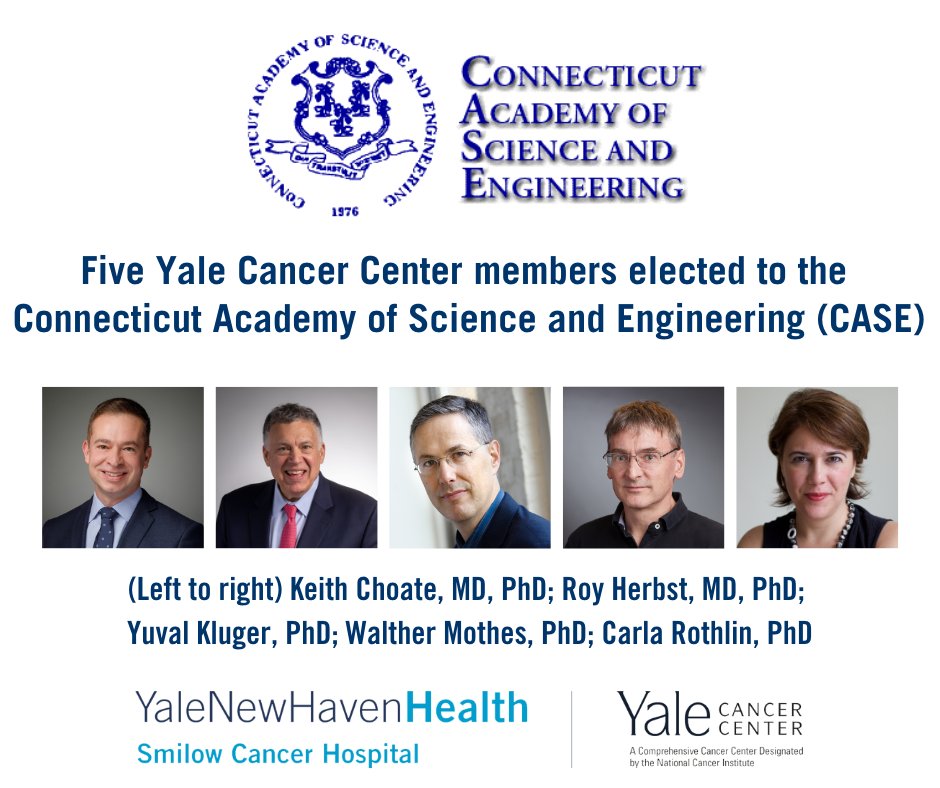 Yale Cancer Center (@yalecancer) on Twitter photo We congratulate 5 newly elected members into the Connecticut Academy of Science and Engineering (CASE): Keith Choate, MD, PhD <a href="/ChoateMD/">Keith Choate MD, PhD</a>; <a href="/DrRoyHerbstYale/">Roy Herbst</a>; Yuval Kluger, PhD <a href="/yalepathology/">Yale Pathology</a>; Walther Mothes, PhD @wmothes; and Carla Rothlin, PhD <a href="/YaleIBIO/">Yale Department of Immunobiology</a>.
yalecancercenter.org/news-article/c… We congratulate 5 newly elected members into the Connecticut Academy of Science and Engineering (CASE): Keith Choate, MD, PhD <a href="/ChoateMD/">Keith Choate MD, PhD</a>; <a href="/DrRoyHerbstYale/">Roy Herbst</a>; Yuval Kluger, PhD <a href="/yalepathology/">Yale Pathology</a>; Walther Mothes, PhD @wmothes; and Carla Rothlin, PhD <a href="/YaleIBIO/">Yale Department of Immunobiology</a>.
yalecancercenter.org/news-article/c…