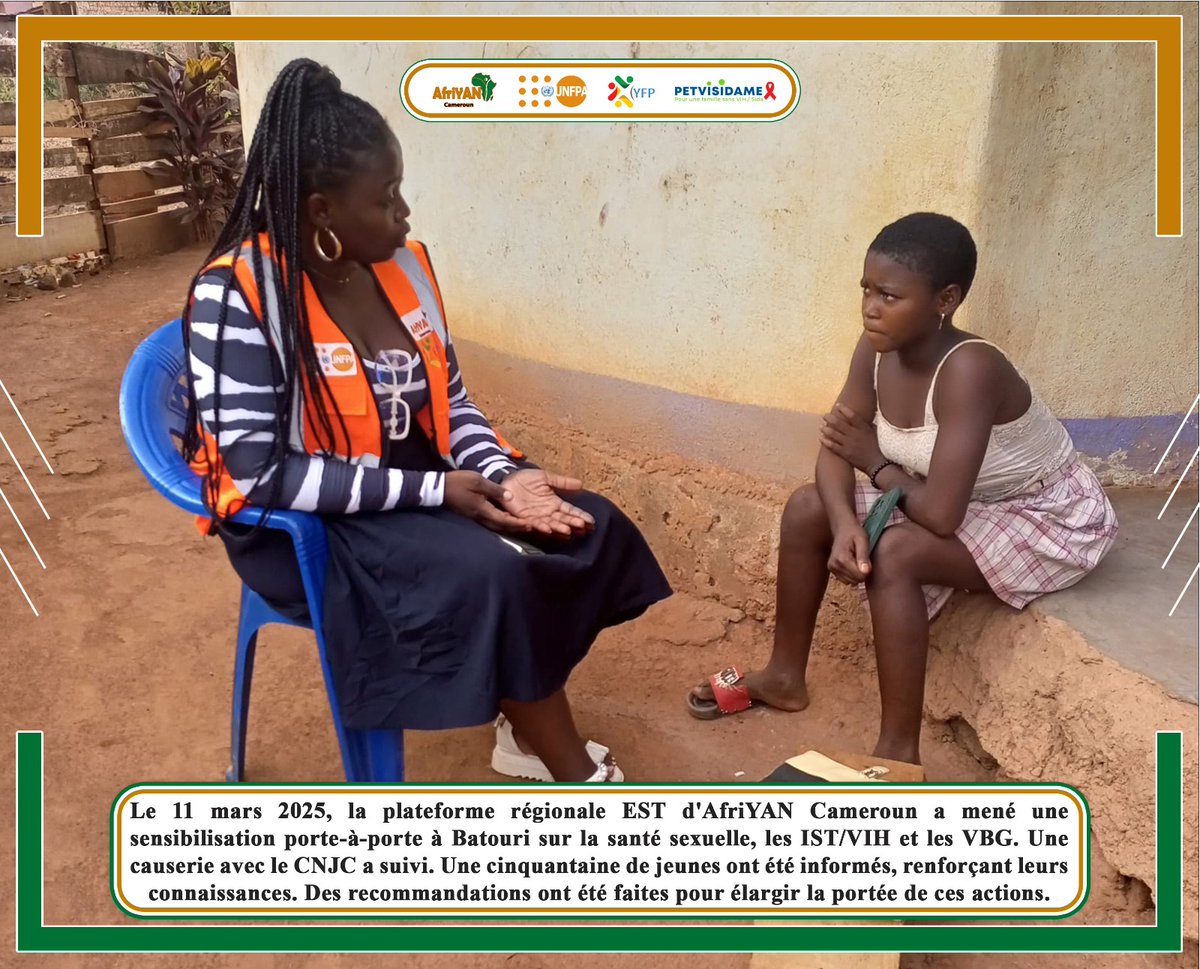 AfriYAN_Camer's tweet photo. Sensibilisation porte-à-porte à #Batouri! #YouthFP Est & #CNJC unissent leurs forces pour éduquer les jeunes sur la santé sexuelle et reproductive,la #PTME,les #IST-VIH/SIDA & les violences basées sur le genre.Ensemble, pour un avenir meilleur pr les jeunes!
#PutYoungPeopleFirst https://t.co/3yP3g1Kc4w