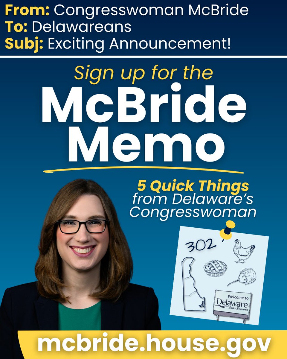 Rep_McBride's tweet image. INCOMING: My first weekly newsletter, the McBride Memo, hit inboxes this morning!
Each week, I'll share 5 quick things I'm working on to deliver for Delawareans — the perfect read to go with your morning cup of coffee.
Sign up at mcbride.house.gov!