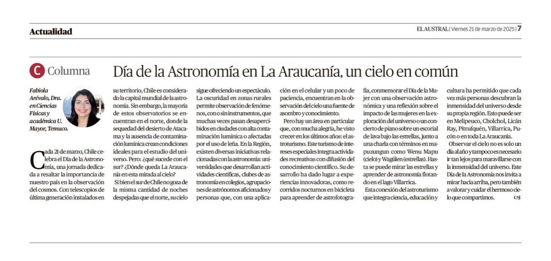 #uncieloencomun #21M #DiadelaAstronomia Mi carta en el Diario Austral por el Día de la Astronomía, la invitación es cuidar nuestros cielos, ya sea en el norte o en el sur, pues también hay entusiastas de la astronomía en la Araucanía.
australtemuco.cl/impresa/2025/0… <a href="/DiarioMayor/">Diario Mayor</a>