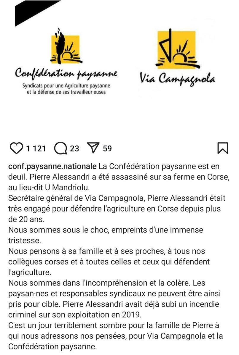 Lanceur d'alerte des fraudes aux subventions,défense de l'accès au foncier..en Corse,l'éthique est le seul vrai #courage que peu peuvent se vanter d'avoir
Toutes mes pensées vers la famille de Pierre Alessandri,abattu dans le dos par le lâche bras armé d'esclaves de l'argent-sale