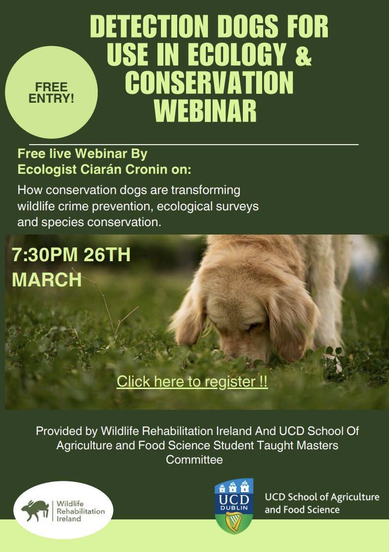 The UCD School of Agriculture and Food Science Postgraduate Taught Masters Committee in collaboration with Wildlife Rehabilitation Ireland are delighted to bring you this fascinating webinar by Ciarán Cronin of Wildeye, a leading wildlife fieldwork and survey business. Ciarán is