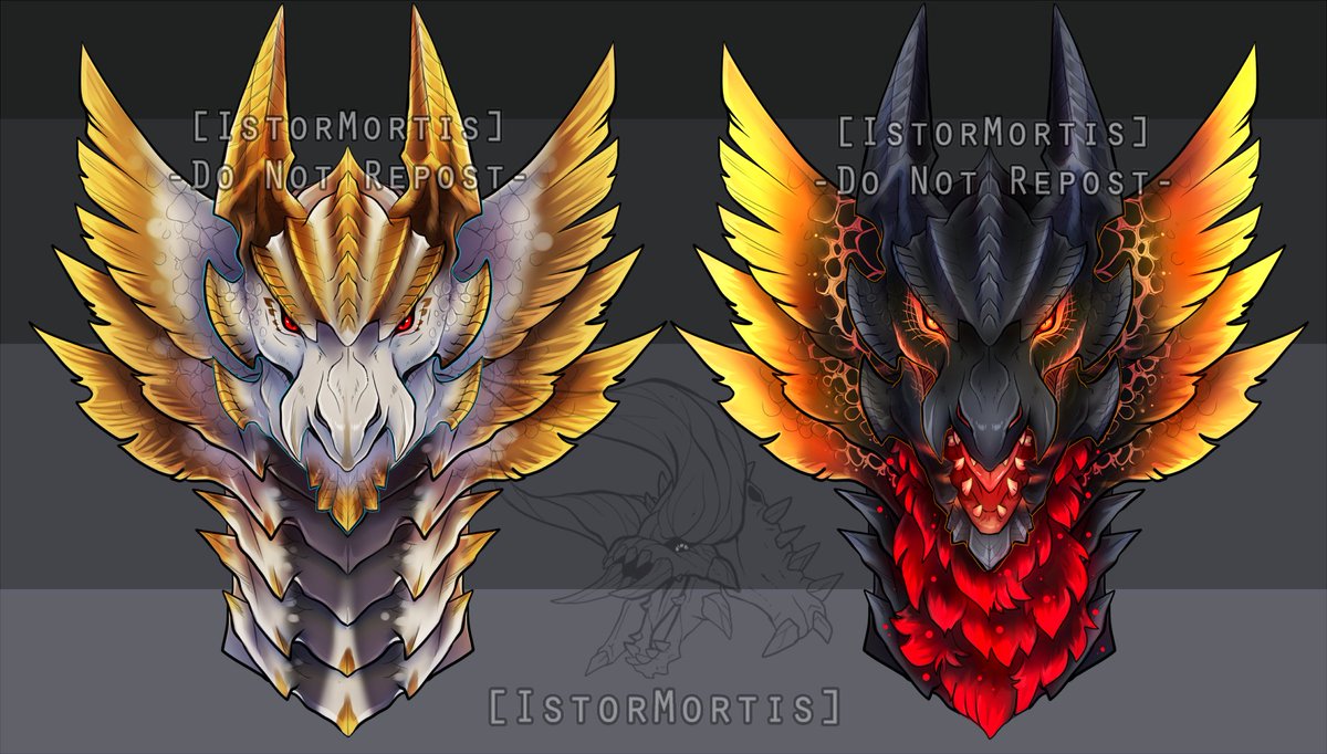 Second to last - both Malzeno and Primordial were in the works but Primordial won out so wanted to get him done first c: 

Really wanted to do something that's a bit regal but also shows off the two various states that he goes through so hope you like him!

#monsterhunter