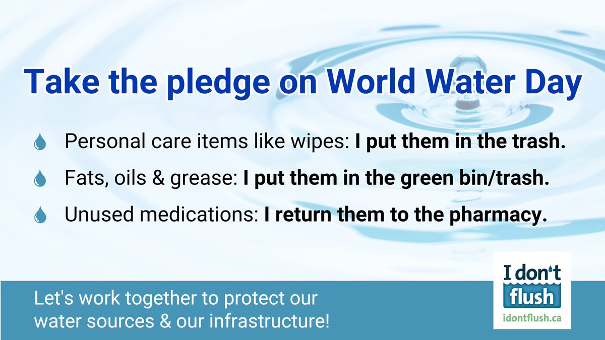 Tomorrow is World Water Day!  💧
Celebrate by taking the #idontflush pledge. Let's work together every day to protect our water sources and our water &amp; wastewater infrastructure. #worldwaterday #environment #water