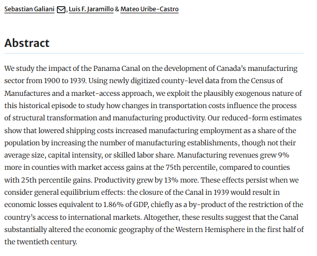 📢🚢 #NewPaperAlert ! How did the Panama Canal shape Canada’s manufacturing sector (1900-1939)?
 1⃣  The paper “Free-riding Yankees: Canada and the Panama Canal”, published in <a href="/j_econ_growth/">Journal of Economic Growth</a>
 by our professor @muribec with <a href="/SFGaliani/">Sebastian Galiani</a> &amp; <a href="/lfjaramillo/">Luis F. Jaramillo Q.</a>, shows that lower transport