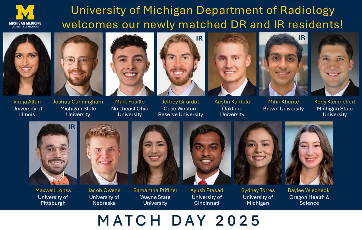 Michigan Radiology (@umichradiology) on Twitter photo We are so excited to welcome the #RadRes class of 2030/2031 to <a href="/UMichRadiology/">Michigan Radiology</a>! We are thrilled they decided to #GoBlue 💙💛 <a href="/umichmedicine/">Michigan Medicine</a> <a href="/UMichMedSchool/">University of Michigan Medical School</a> <a href="/TheNRMP/">NRMP®</a>
#GoBlueMatch #MatchDay2025 We are so excited to welcome the #RadRes class of 2030/2031 to <a href="/UMichRadiology/">Michigan Radiology</a>! We are thrilled they decided to #GoBlue 💙💛 <a href="/umichmedicine/">Michigan Medicine</a> <a href="/UMichMedSchool/">University of Michigan Medical School</a> <a href="/TheNRMP/">NRMP®</a>
#GoBlueMatch #MatchDay2025