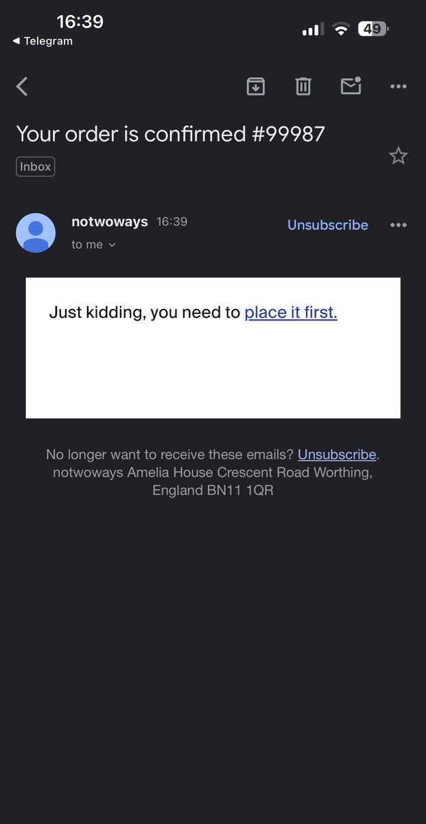 GyorgyCrypto's tweet photo. @notwoways
Sending marketing emails with a subject like “Your order is confirmed” when no order exists is illegal in the UK. It breaches Consumer Protection Laws (misleading advertising) and PECR (unsolicited marketing). The ICO can issue hefty fines for this deceptive practice. https://t.co/TdyV2xb1Fl