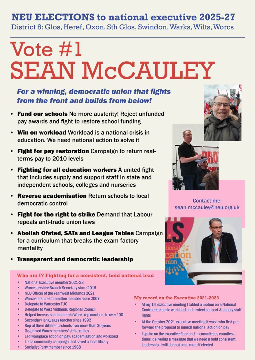Elect Sean McCauley to the National Executive to lead from the front and build the union from below. Fighting on Workload, Funding &amp; on Pay to end the retention &amp; recruitment crisis.
District 8: Glos, Heref, Oxon, Sth Glos, Swindon, Warks, Wilts, Worcs