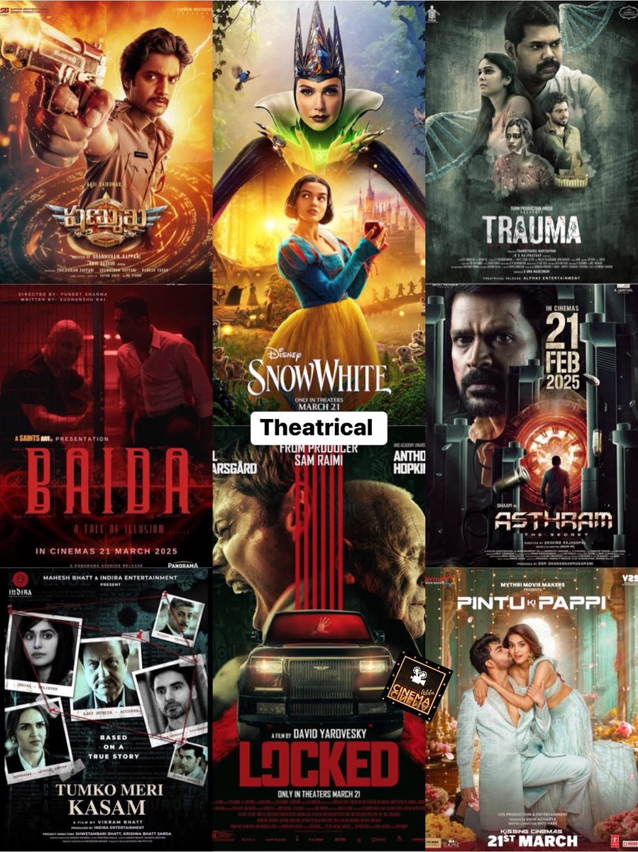 cineAddaUS's tweet photo. March 2025- Week 1 #WeekendKaAdda
Theatrical- #SnowWhite #Locked #TumkoMeriKasam #Trauma #Asthram
OTT Movies- #SkyForceOnPrime #RingRing #GandhiThathaChettu #brahmanandam #OfficersOnDuty #Dragon #NEEK
WEB/Docu Series- #TheResidence #GoodAmericanFamily #WolfKing https://t.co/EAPzhgy2T8
