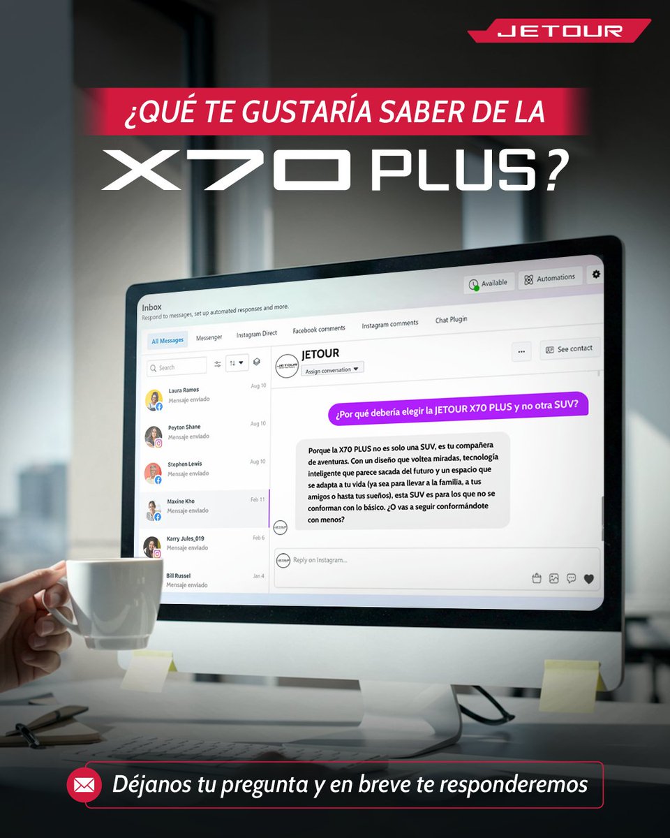 JetourPeru's tweet photo. ¿Pensando en una X70 Plus? 🤔
Déjanos tu pregunta y te contamos por qué es la SUV que lo tiene TODO para tus aventuras. 🚗✨
📌Conoce más información aquí: https://t.co/DmrPUxSN3a
#X70Plus #JetourPerú #Jetour #TuSUVIdeal https://t.co/QDJ4h7iVBn
