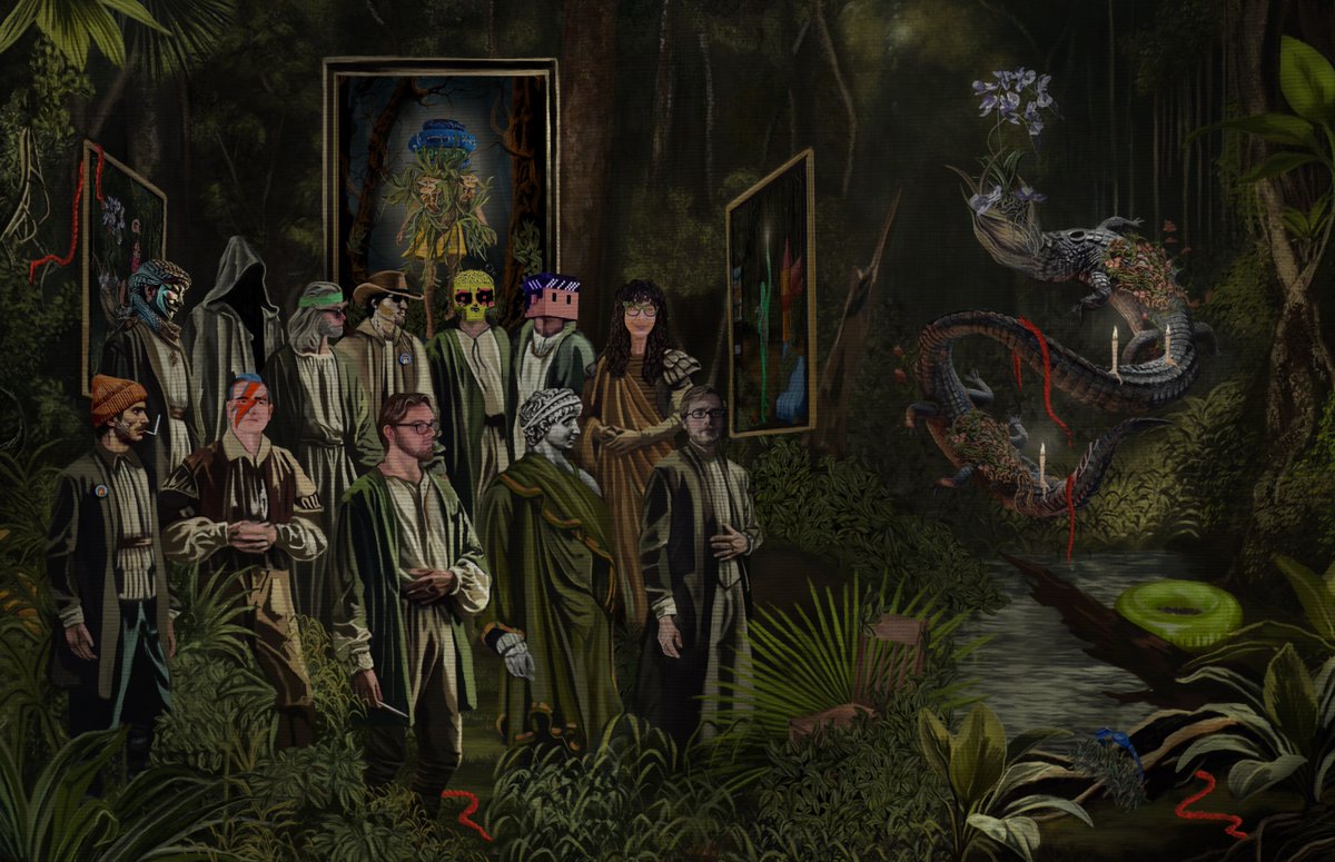 PanterXhita's tweet photo. THE PORTRAIT of a wonderful year ❤️

A portrait of my twelve patrons who, for different reasons, supported me through this year. Whether it was for feeling connected to my artistic concepts, for believing in an innovative project, for supporting an artist who comes from far away and found her family here, for betting long-term on the appreciation of my career, or perhaps for the combination of all these reasons, this support allowed me to find and solidify my own style.

Many of you know me specially because of “A History of Cryptoart”, a project that greatly helped me stand out in our space but that also required a methodical approach on my part, guided by numerous artistic constraints.

But this year, thanks to these amazing patrons, I was able to paint with no purpose beyond expressing what I felt. Completely free, unchained: the way art is meant to be. I created exactly what I needed to say, and that in itself is invaluable.

What I love about this portrait is how it encapsulates all of my work in this space. It carries the structure of a directed piece, with a clear purpose set from the start: to celebrate each of my collectors with a portrait. But within that structure, it’s also filled with symbols that emerged from my subconscious over the course of the year. It represents my artistic imprint. Something I plan to continue developing and growing in the following years.

This work is a special little gift, which is why I created it in 13 editions: one for each of them and one for myself, because I want it to live forever in my wallet as a symbol of one of the best years of my life 🫂❤️.

This piece is a portrait of a very special year, and of a very special group of people, scattered across the world but intimately connected by “The Twelve” 🪑1️⃣2️⃣❤️.

Love you, guys 🫂:
@MattKaneArtist @basileus_eth @Kaprekar_Punk @0xaeight @punk9527 @unityofmulti @bryanbrinkman @petewnoble @XQTStrategy @WAPSHOP_ETH @FlyingBeagle_ @fan_yfi