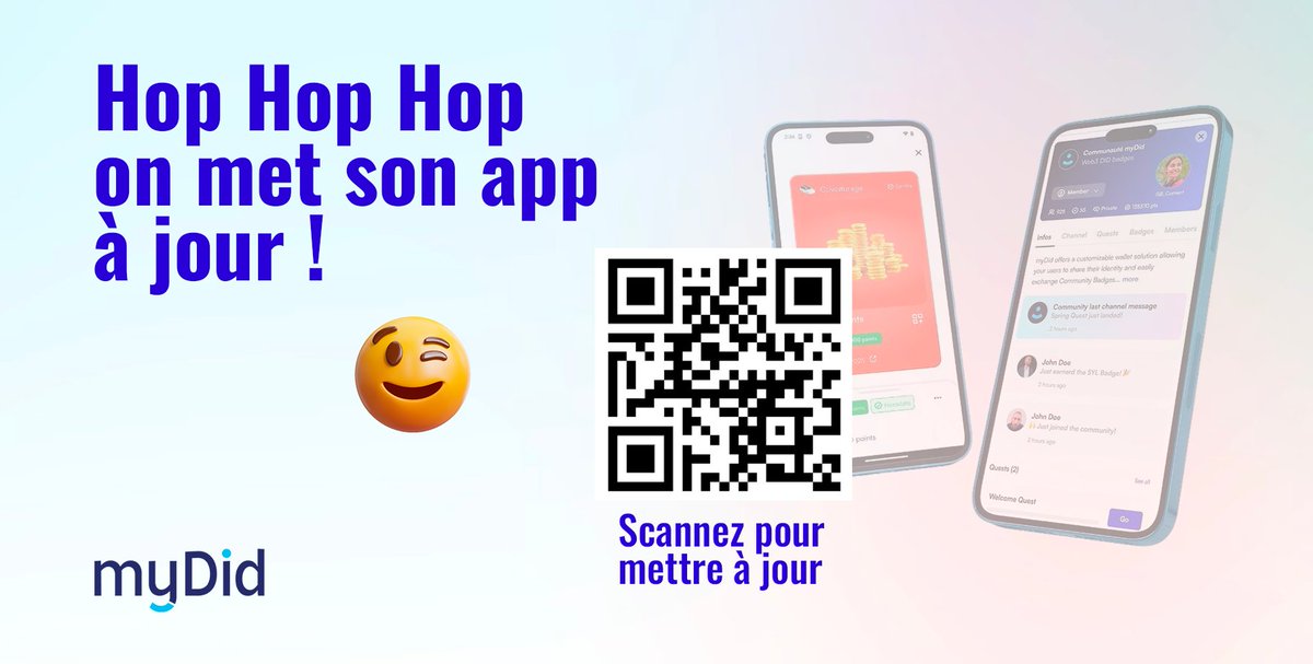 myDid_En's tweet photo. 📲 Commencez dès maintenant à personnaliser votre communauté !
Allez, on met à jour son app 😉
https://t.co/pWQ6MFY27X
#OpenBadge #Communauté #Innovation #Engagement https://t.co/jU0EVE4d7Z