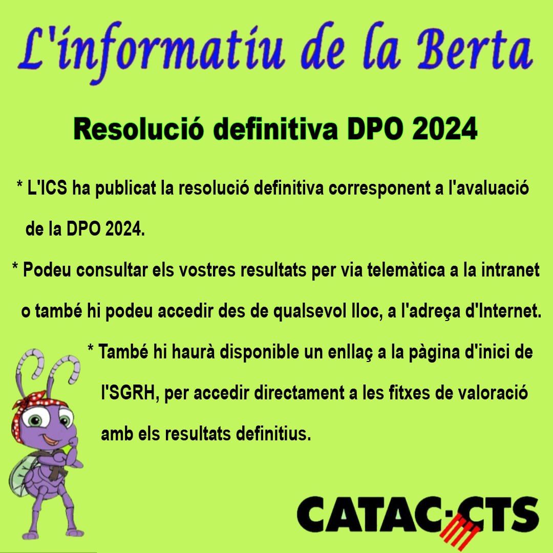 catacctsiac's tweet photo. Resolució definitiva. Direcció per objectius 2024

📑 L'ICS ha publicat la resolució definitiva corresponent a l'avaluació de la DPO 2024.

💻 Podeu consultar els vostres resultats per via telemàtica a la intranet o també hi podeu accedir des de qualsevol lloc, a l'adreça d'Internet del SGRH (com sempre NOMÉS amb Internet Explorer 😓)

👉🏻 També hi haurà disponible un enllaç a la pàgina d'inici de l'SGRH, per accedir directament a les fitxes de valoració amb els resultats definitius.

#DPO
#ICS
#CATAC
#CATACCTS