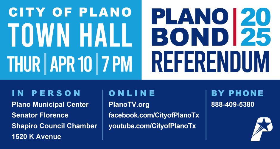 Have questions about the 2025 Bond Referendum? Reply with your question and we'll answer it live during our Town Hall on Thursday, April 10 at 7 pm. 

Learn more about the 2025 Bond Referendum at Plano.gov/2025Bond.