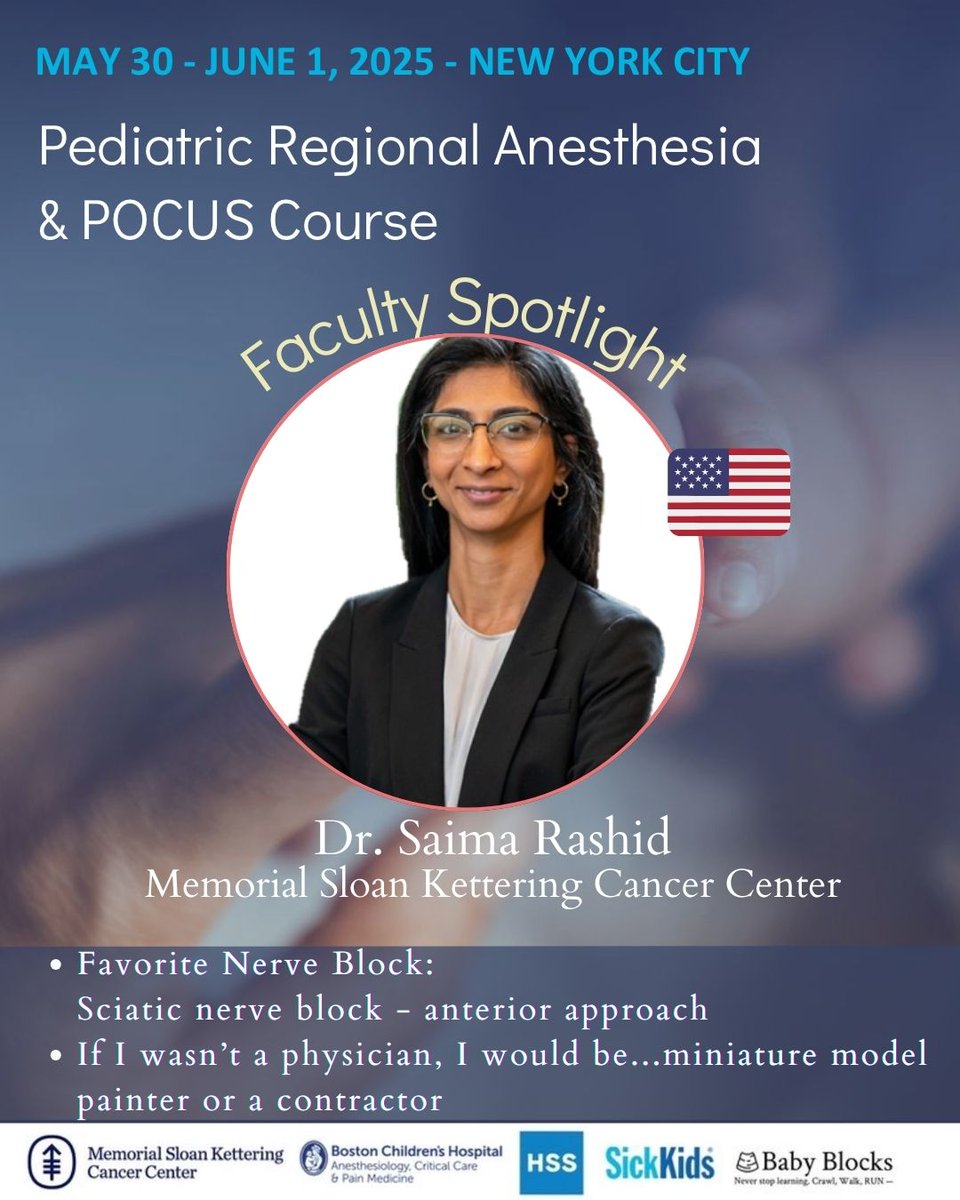 baby-blocks (@baby_blocks) on Twitter photo Happy Fri-yay! Next up in our spotlight is Dr Saima Rashid, pediatric anesthesiologist at <a href="/MSK_Anesthesia/">Memorial Sloan Kettering Anesthesia</a>.
Join us this spring in NYC to learn hands on from our talented faculty.
Registration now open, 🔗 bit.ly/PedsAnesthesia…
#MSKpedsanesCME #babyblocksRA #POCUS #PedsAnes Happy Fri-yay! Next up in our spotlight is Dr Saima Rashid, pediatric anesthesiologist at <a href="/MSK_Anesthesia/">Memorial Sloan Kettering Anesthesia</a>.
Join us this spring in NYC to learn hands on from our talented faculty.
Registration now open, 🔗 bit.ly/PedsAnesthesia…
#MSKpedsanesCME #babyblocksRA #POCUS #PedsAnes