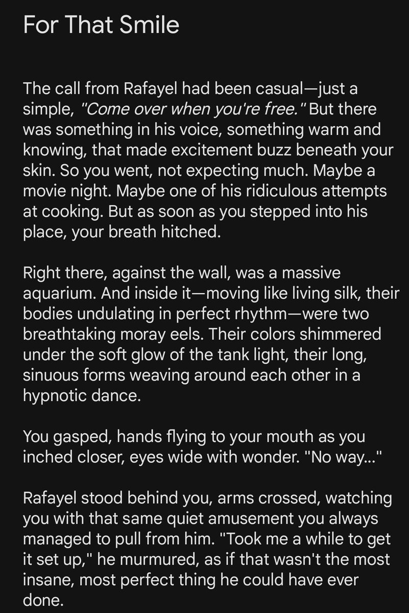 His_little_mer's tweet photo. Imagine Rafayel watching you in amusement as you yap away about how you love love loooooove moray eels and one day you got a call from him asking you to come over.
#LoveandDeepspace #rafareader #purefluff #fanfic #rafaxreader #LoveandDeepspaceRafayel #Rafayel https://t.co/Jdtbg3fkLc