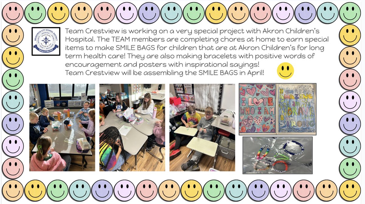 Crestview Elementary (@bcsdcrestview) on Twitter photo Team Crestview showed empathy and responsibility by creating "Smile Bags" for Akron Children's Hospital children! They thoughtfully wrote handwritten notes of encouragement and made bracelets. <a href="/LynetteMiller04/">Lynette Miller</a> Team Crestview showed empathy and responsibility by creating "Smile Bags" for Akron Children's Hospital children! They thoughtfully wrote handwritten notes of encouragement and made bracelets. <a href="/LynetteMiller04/">Lynette Miller</a>