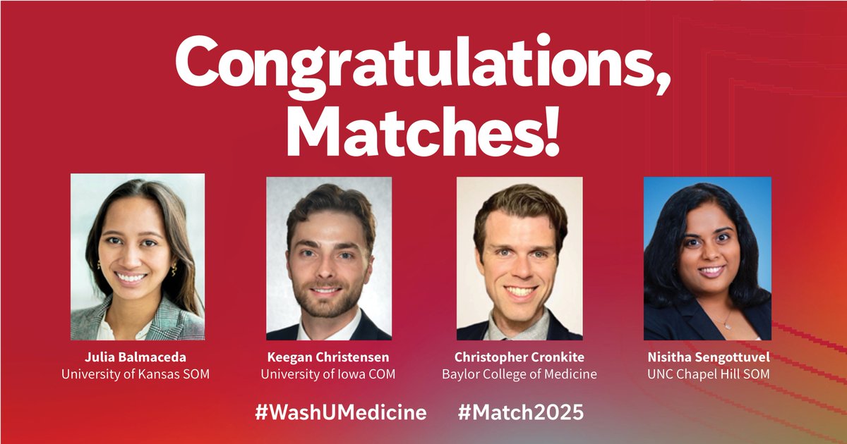 WashU Medicine Radiation Oncology (@washumedradonc) on Twitter photo We are super excited to announce the future trainees who matched with us today! 🎉🙌 #Match2025
WELCOME to #radonc <a href="/washumedicine/">WashU Medicine</a> Class of '30!
Julia Balmaceda <a href="/KUMedicine/">KU School of Medicine</a>
Keegan Christensen <a href="/IowaMed/">Carver College of Medicine</a>
Christopher “Topher” Cronkite <a href="/Baylor/">Baylor University</a>
Nisitha Sengottuvel <a href="/UNC_SOM/">UNC School of Medicine</a> We are super excited to announce the future trainees who matched with us today! 🎉🙌 #Match2025
WELCOME to #radonc <a href="/washumedicine/">WashU Medicine</a> Class of '30!
Julia Balmaceda <a href="/KUMedicine/">KU School of Medicine</a>
Keegan Christensen <a href="/IowaMed/">Carver College of Medicine</a>
Christopher “Topher” Cronkite <a href="/Baylor/">Baylor University</a>
Nisitha Sengottuvel <a href="/UNC_SOM/">UNC School of Medicine</a>